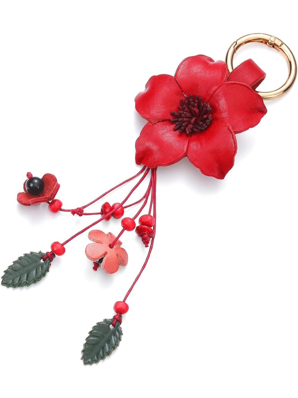 Red Floral Leather Keychain Charm